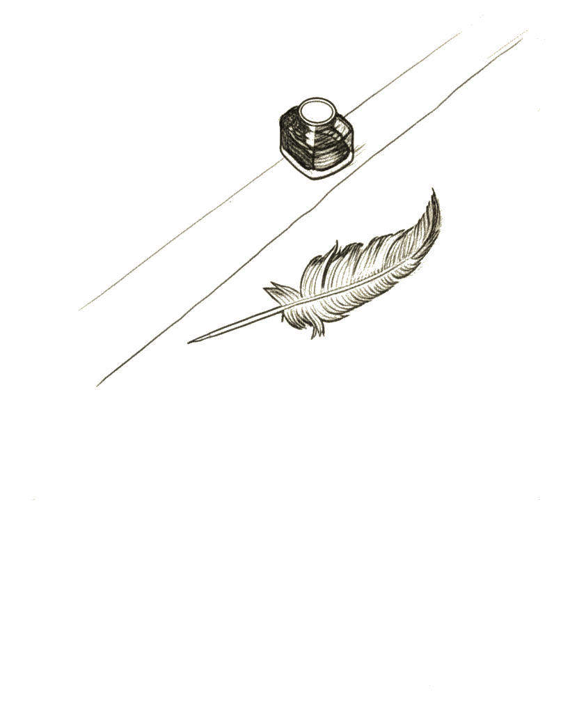 An empty writing desk with an inkwell and quill, lit by a beam of light from an unseen window